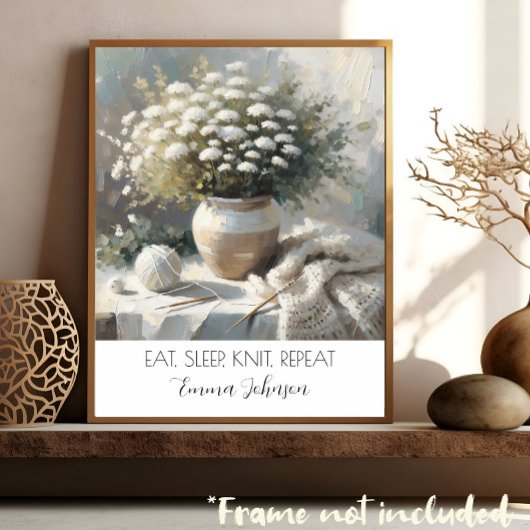 カスタムお洒落白い花を花瓶と編み物 ポスター