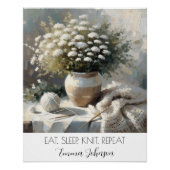 カスタムお洒落白い花を花瓶と編み物 ポスター (正面)