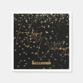 カスタムお祝い白熱［赤熱］光を放つ金ゴールド紙吹雪オンブラック スタンダードカクテルナプキン (正面)