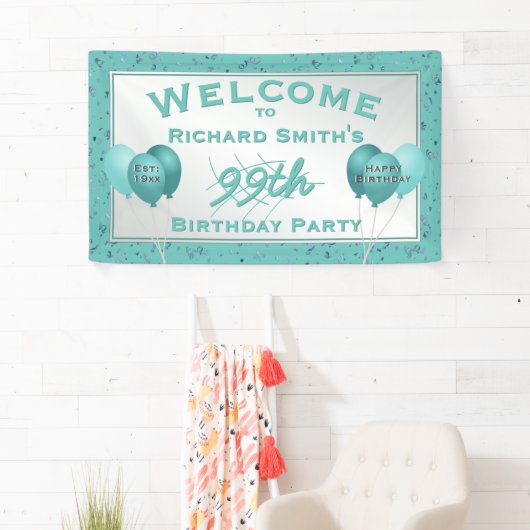 カスタムお祝い – 任意の年齢のイベント-ティール（緑がかった色）/白 横断幕 (インサイチュ)