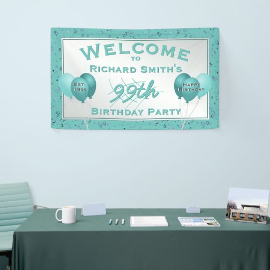 カスタムお祝い – 任意の年齢のイベント-ティール（緑がかった色）/白 横断幕 (トレードショー)