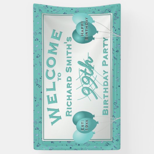 カスタムお祝い – 任意の年齢のイベント-ティール(緑がかった色)/白 横断幕 (縦)