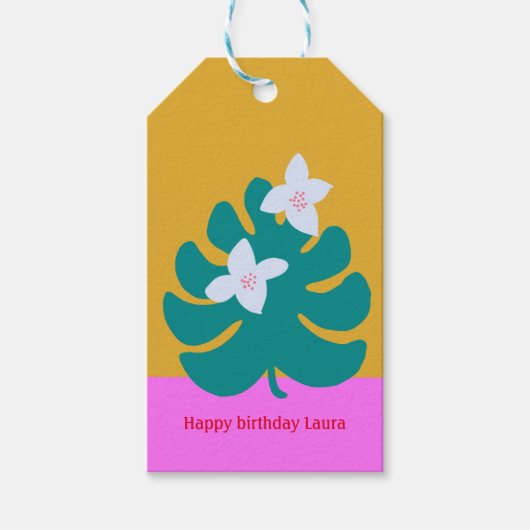 カスタムかわいいパームの誕生日のモダンフローララベル ギフトタグ (正面)