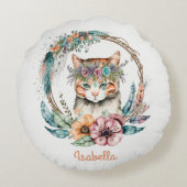 カスタムかわいい水彩フローラボホーキャット ラウンドクッション (裏面)