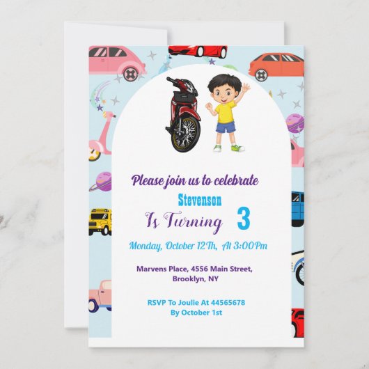 カスタムかわいい車のバイク誕生日パーティー 招待状 (正面)