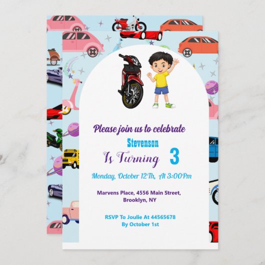 カスタムかわいい車のバイク誕生日パーティー 招待状 (正面/裏面)