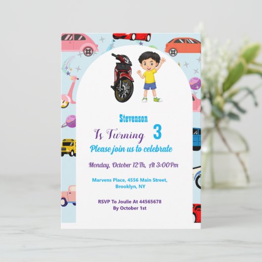 カスタムかわいい車のバイク誕生日パーティーInvitat 招待状 (スタンド正面)