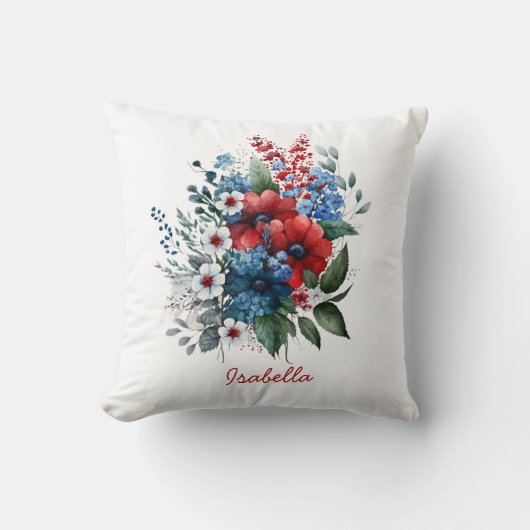 カスタムかわいらし水彩赤青白フローラ クッション (正面)