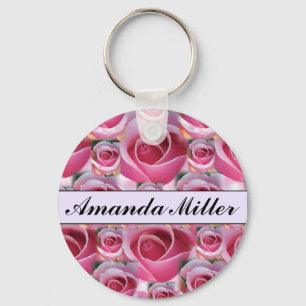 カスタムかわいらしPink Rosesの名前、イニシャルKeychain キーホルダー