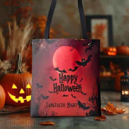 カスタムこうもりとレッドムーンのハロウィーントート トートバッグ