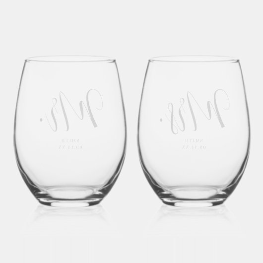 「カスタムさん。そしてミセス」 スクリプミニマルト結婚の ステムなしワイングラス (裏面)