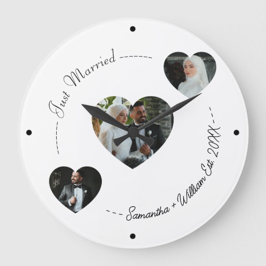 カスタムたった今結婚しましたハート写真結婚の壁時計 ラージ壁時計 (正面)