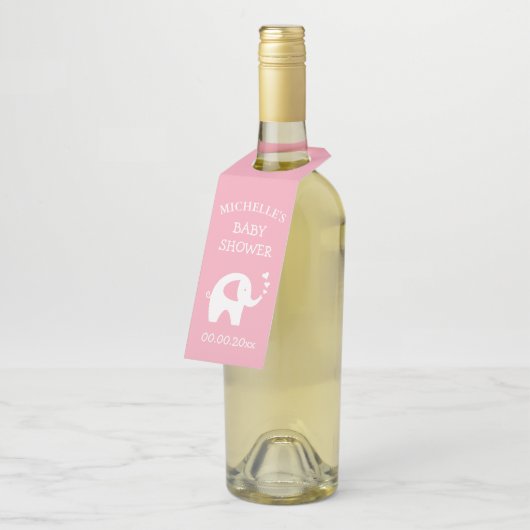 カスタムでかわいいピンク象のベビーシャワーのパーティー ボトルネックタグ (アングル)