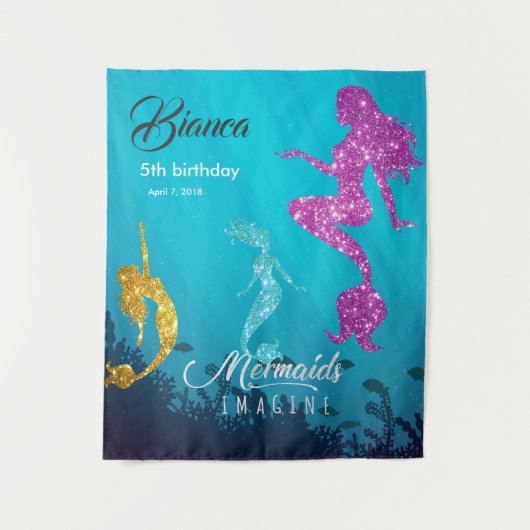 カスタムできらびやかな人魚の誕生日の背景幕 タペストリー (正面)