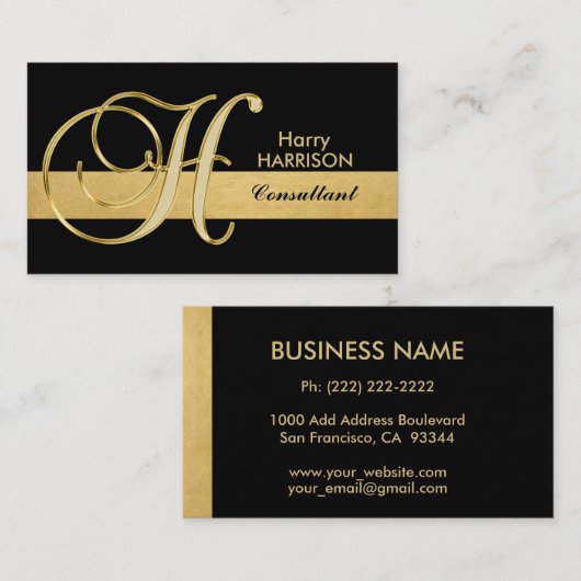 カスタムでエレガントでモノグラムのな金ゴールドの黒のイニシャル「H 名刺 (正面/裏面)