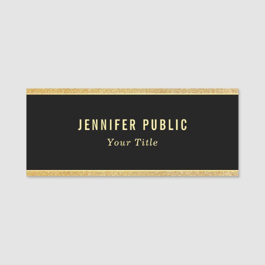 カスタムでエレガントな黒および金ゴールドのグリッターの長方形 名札 (正面)