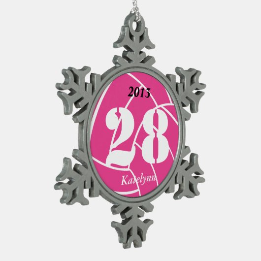 カスタムでパーソナライズなピンクのバレーボールのオーナメント スノーフレークピューターオーナメント (左)