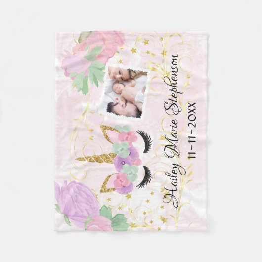 カスタムでパーソナライズなユニコーンの女の赤ちゃんの写真 フリースブランケット (正面)