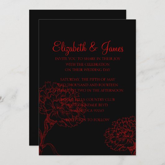 カスタムでモダンで黒くおよび赤い結婚式招待状 招待状 (正面/裏面)