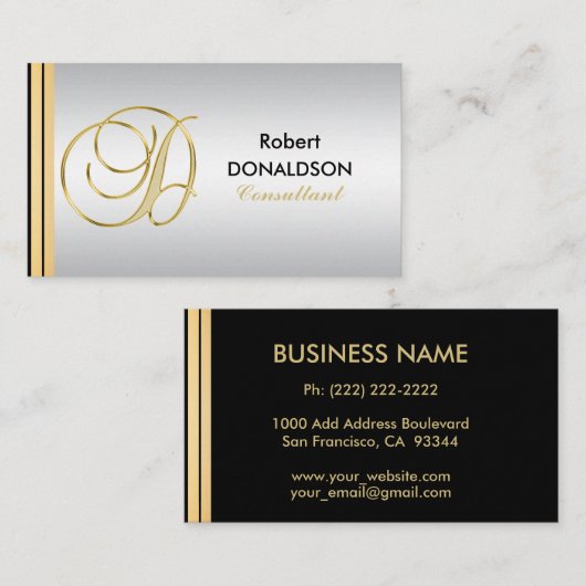 カスタムでモノグラムのな金ゴールドの黒の銀のイニシャル「D 名刺 (正面/裏面)