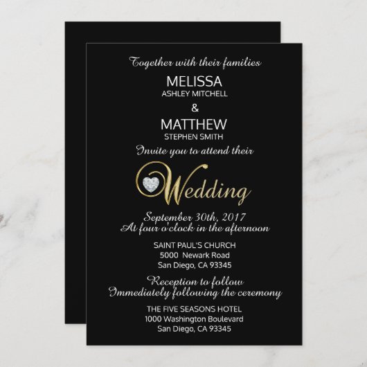 カスタムで上品でエレガントで黒い金ゴールドのダイヤモンド結婚式 招待状 (正面/裏面)