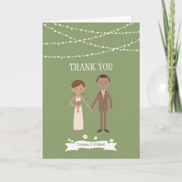 カスタムで図解入りの、写真付きのな漫画のカップルのポートレートの結婚式 サンキューカード