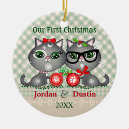 カスタムで素朴なヒップスター猫の第1クリスマスのオーナメント セラミックオーナメント