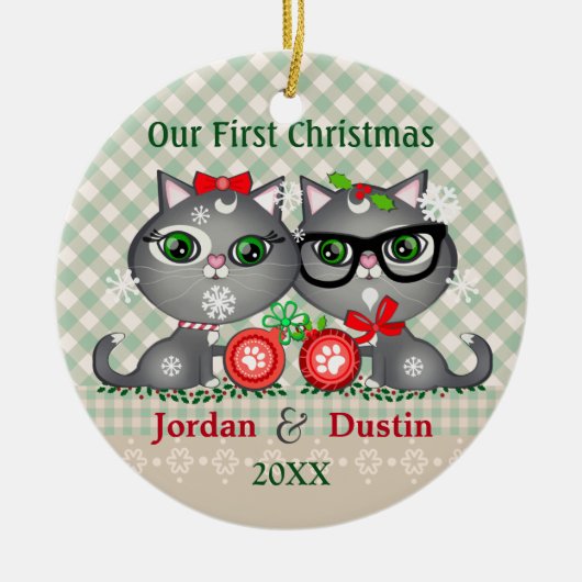 カスタムで素朴なヒップスター猫の第1クリスマスのオーナメント セラミックオーナメント (正面)
