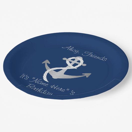 カスタムで航海ので青い及び銀製の誕生日のプレート ペーパープレート (アングル)