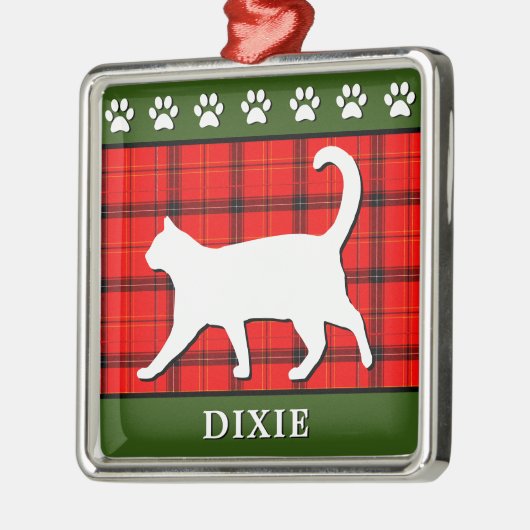 カスタムで赤いおよび緑のクリスマスの子猫猫 メタルオーナメント (左)