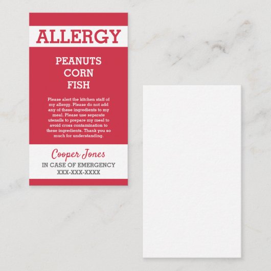 カスタムで赤いアレルギー警報レストランの緊急事態 コーリングカード (正面/裏面)