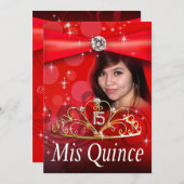 カスタムで赤いキンセアニェラ15のプリンセスのティアラの写真 招待状 (正面/裏面)