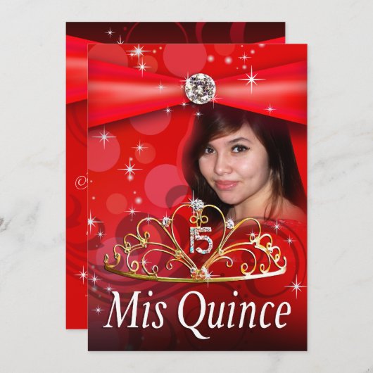 カスタムで赤いキンセアニェラ15のプリンセスのティアラの写真 招待状 (正面/裏面)
