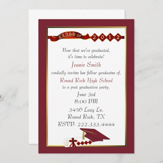 カスタムで赤い卒業のパーティの招待状 招待状 (正面/裏面)