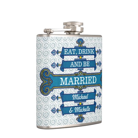 カスタムで青いビーチ結婚式の名前 フラスク (右)