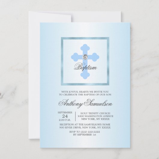 カスタムで青い十字の洗礼の《キリスト教》洗礼式や命名式の男の子 + 詩 招待状 (正面)