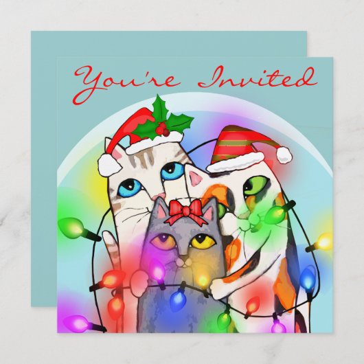 カスタムなクリスマスのかわいいサンタ猫のパーティの招待状 招待状 (正面/裏面)