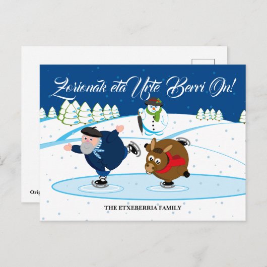 カスタムなクリスマス場面、アイススケートしているOlentzero シーズンポストカード (正面/裏面)
