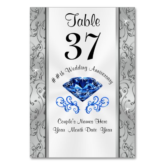 カスタムなサファイア記念日のテーブル数カード テーブルナンバー (正面)