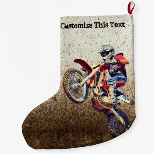 カスタムなテキストのオートバイの人のMuddingの男の子のスポーツ ラージクリスマスストッキング (裏面)