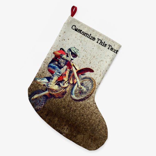 カスタムなテキストのオートバイの人のMuddingの男の子のスポーツ ラージクリスマスストッキング (正面 (吊り時))