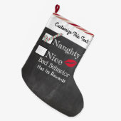 カスタムなテキストのクリスマスのいけないニースのグリッターのチョーク ラージクリスマスストッキング (正面 (吊り時))