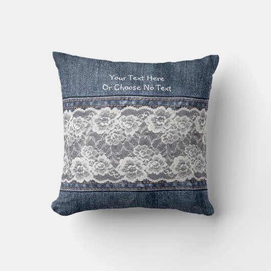 カスタムなテキストのヴィンテージのレトロのブルー・ジーンズのデニムのレース クッション (正面)