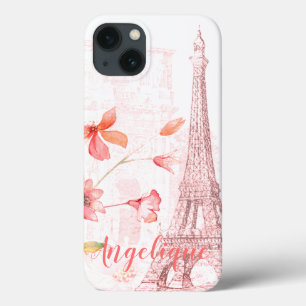 カスタムなパリ場面およびピンクの花 iPhone 13ケース