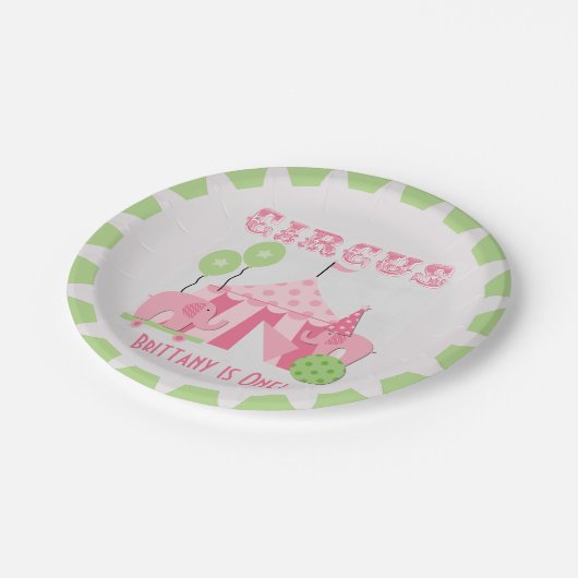カスタムなピンクのサーカスの誕生日の紙皿 ペーパープレート (アングル)
