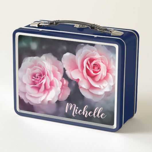 カスタムなピンクのバラの花柄の写真 メタルランチボックス (裏面)