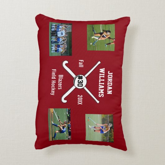 カスタムなフィールドホッケーの写真のコラージュの名前のチーム数 アクセントクッション (裏面(縦))