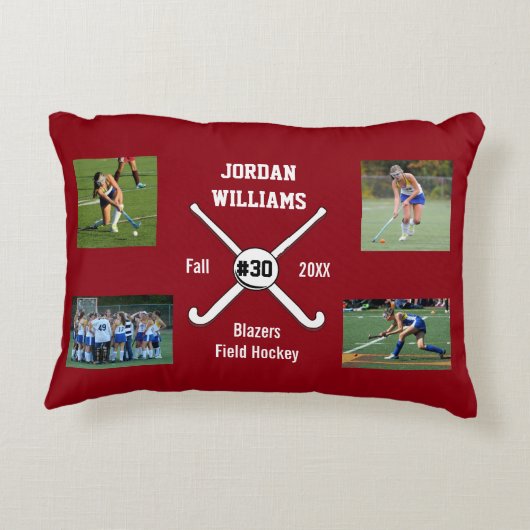 カスタムなフィールドホッケーの写真のコラージュの名前のチーム数 アクセントクッション (裏面)
