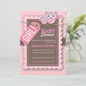 カスタムなフクロウのストライプな女の赤ちゃんのシャワーのひも 招待状 (スタンド正面)
