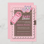 カスタムなフクロウのストライプな女の赤ちゃんのシャワーのひも 招待状 (正面/裏面)
